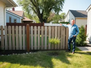 Montaż metalowej bramy i furtki w zadbanym podjeździe przed nowoczesnym domem, widoczne zawiasy i słupki.