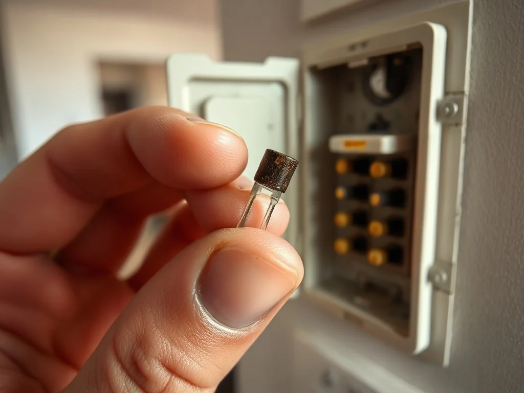 Dłoń trzyma spalony bezpiecznik obok skrzynki elektrycznej, kontrast między ciemnym a jasnymi, sprawnymi bezpiecznikami.