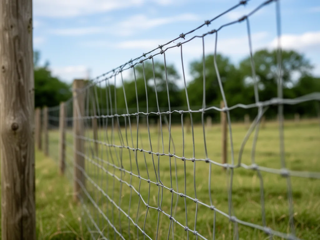 Proste ogrodzenie z siatki leśnej na drewnianych słupkach, rozciągnięte wzdłuż trawiastej działki na wsi