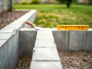 Nowoczesne ogrodzenie z jasnoszarych bloczków betonowych oraz narzędzia murarskie ilustrujące koszt robocizny.