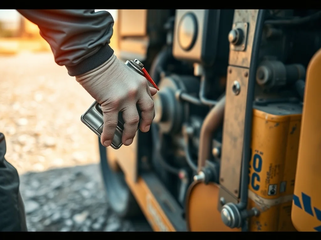 Mechanik trzyma oliwiarkę przy silniku zagęszczarki, przygotowując się do doboru odpowiedniego oleju do wibratora