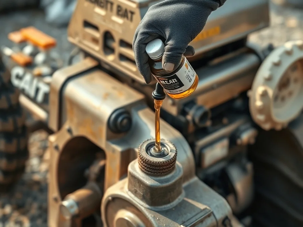 Ręka mechanika nalewa olej do silnika zagęszczarki płytowej na tle placu budowy z żwirem i narzędziami.