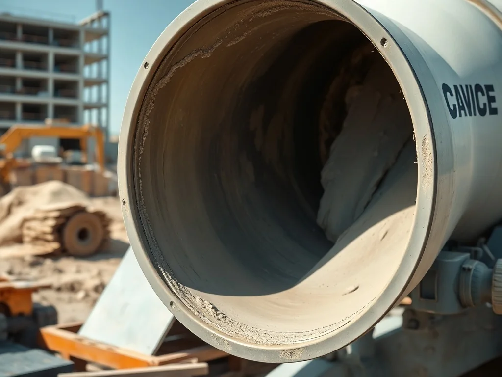 Betonomieszarka na budowie z widocznym bębnem mieszającym beton, w tle piasek i niedokończony budynek.