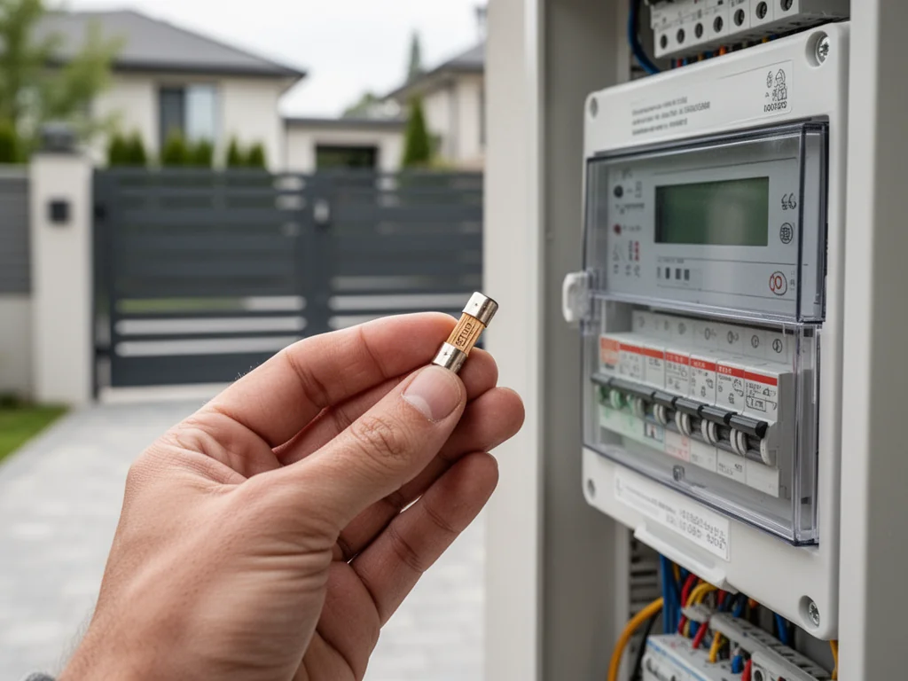 Elektryk trzyma niewielki bezpiecznik przy sterowniku automatycznej bramy, prezentując właściwy dobór zabezpieczenia.