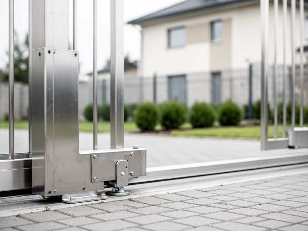 Mechanizm przesuwnej bramy z odsłoniętą przeciwwagą na podjeździe, na tle ogrodzenia i ogrodu przy domu