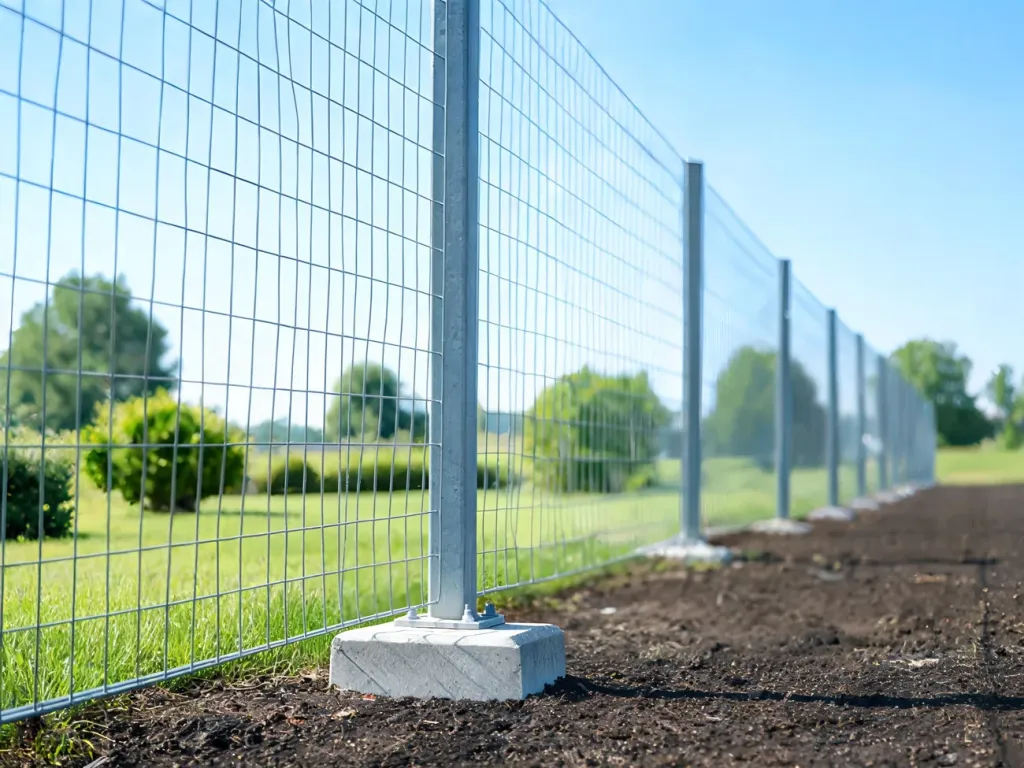 Proste ogrodzenie z siatki na metalowych słupkach w równych odstępach, słupek w betonie na tle trawnika i krzewów