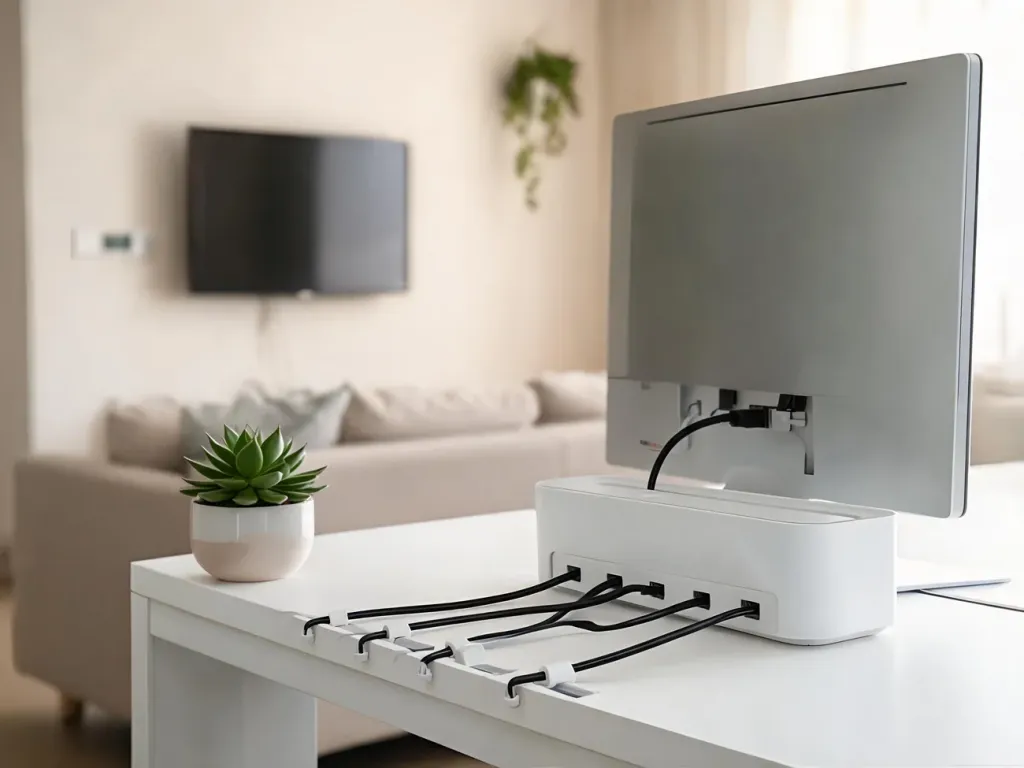 Minimalistyczne biurko i ściana z telewizorem bez widocznych kabli, dzięki zastosowaniu organizerów i maskownic.