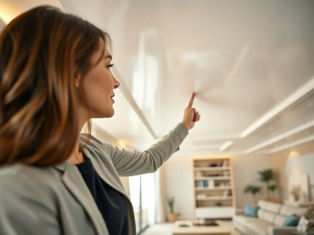 Projektantka wnętrz sprawdza gładką powierzchnię nowoczesnego, białego sufitu napinanego w minimalistycznym salonie.