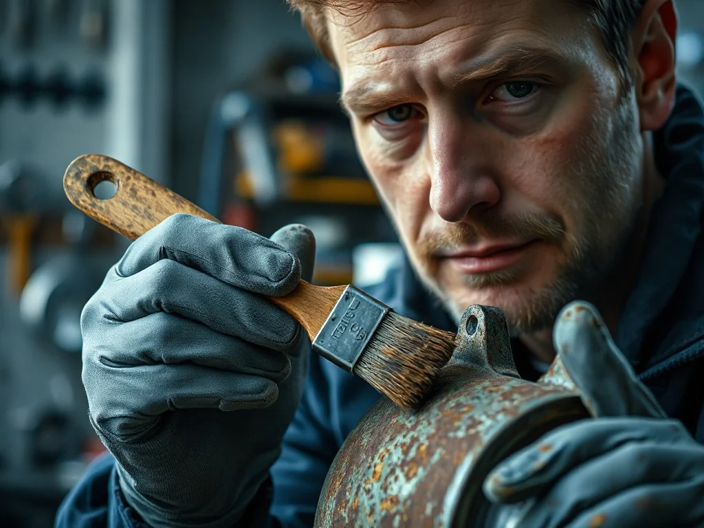 Mężczyzna w rękawicach roboczych nakłada pędzlem neutralizator rdzy na skorodowany element metalowy samochodu.
