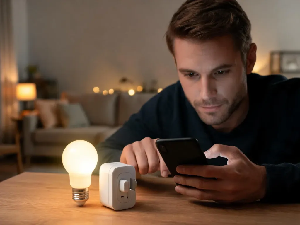 Mężczyzna steruje smartfonem inteligentną żarówką i gniazdkiem, które znajdują się na drewnianym biurku.