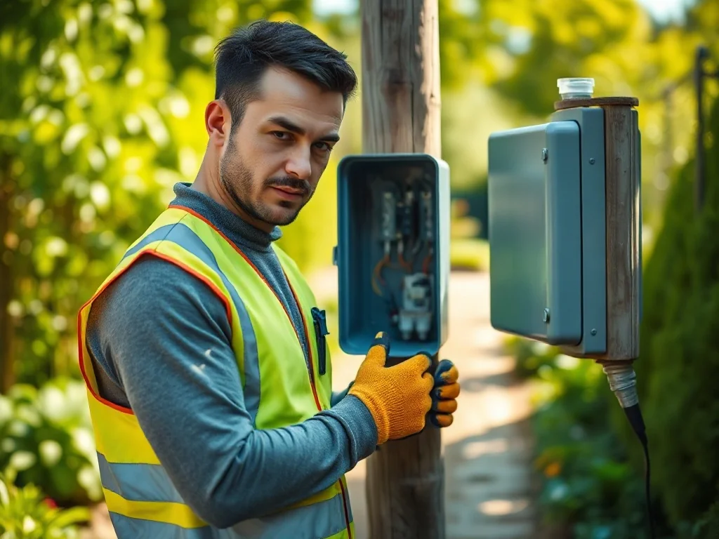 Elektryk w odblaskowej kamizelce sprawdza nowoczesną skrzynkę rozdzielczą zamontowaną na drewnianym słupie w ogrodzie.