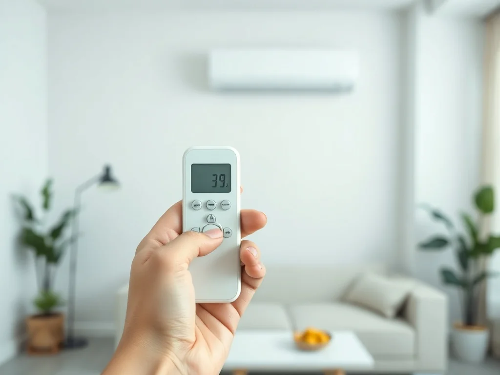 Dłoń trzymająca nowoczesny pilot do klimatyzatora LG na tle minimalistycznego salonu z zamontowanym urządzeniem.
