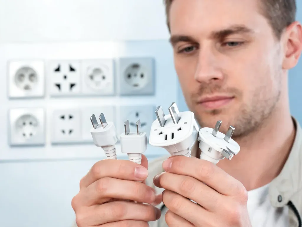 Mężczyzna trzyma w dłoniach różne rodzaje wtyczek elektrycznych na tle tablicy z globalnymi standardami gniazdek.